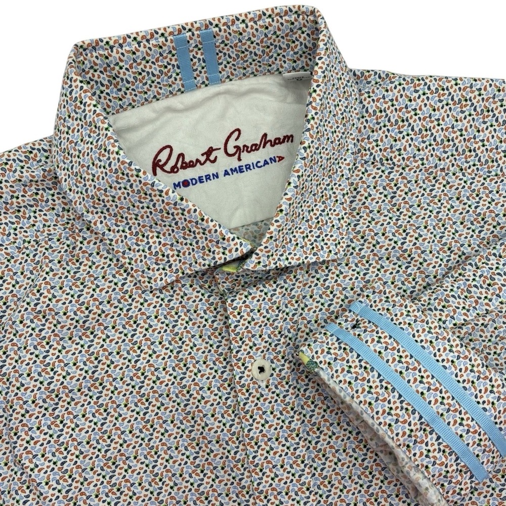 Robert Graham Shirt Large Modern Americana Button Up Flip Cuff Tailored Fit Leaf